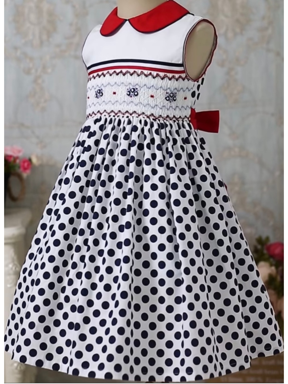 Girls Pettigirl Polka Dot Smocked Dress Size 8 White Navy Red